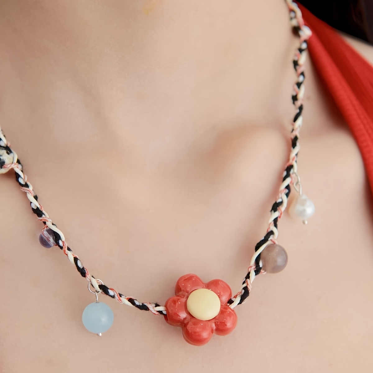 Women's Hand-Woven Beaded Necklace, 3 Beads Choker Cord Pendant